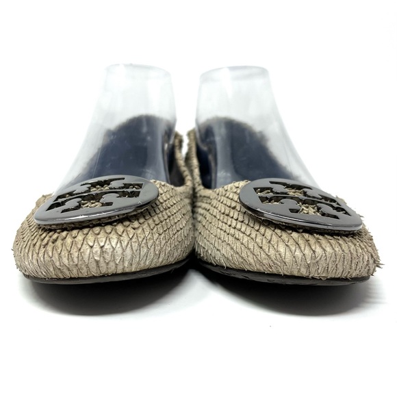 Tory Burch Reva Storm Grey Leather Distressed Python Snake Ballet Flats Size 8.5 - Picture 3 of 10